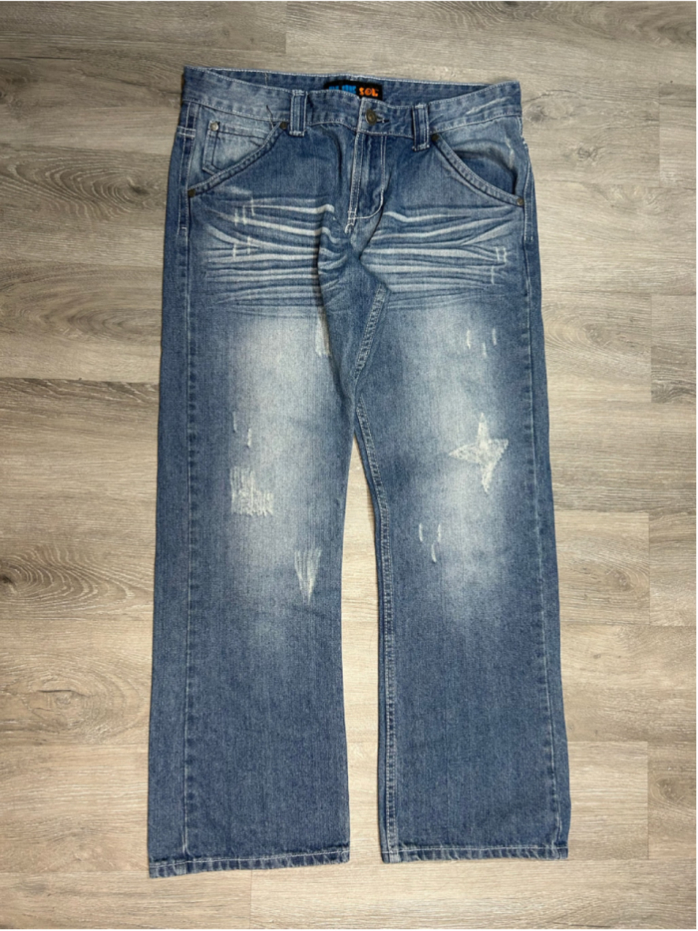 BLUE SOL mid wash Wide Leg patch jeans Sz 34x30